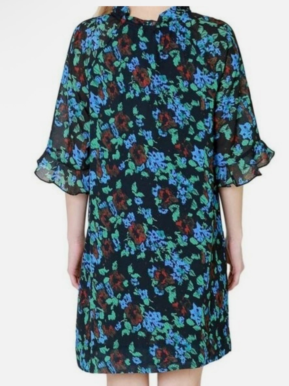 Ganni Printed Light Crepe Mini Dress Meadow Azure Blue Ruffle Neckline Size 38 - Picture 4 of 10